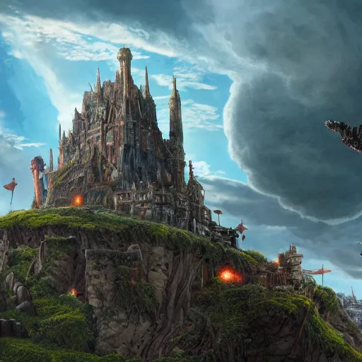 Image similar to large fantasy castle rising from the top of a giant tortoise, towering over a harsh barren wasteland, howls moving castle, mortal engines, kaiju, distant - mid - shot, fantasy, hyper detailed, 4 k