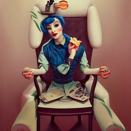 Prompt: Lofi portrait in high back chair, Pixar style by Tristan Eaton and Stanley Artgerm and Tom Bagshaw and Tim Burton