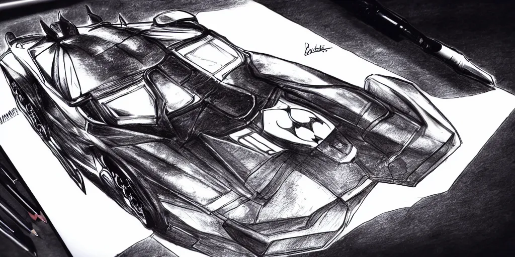 Image similar to ballpoint pen drawing of the batmobile, batman, arkham knight