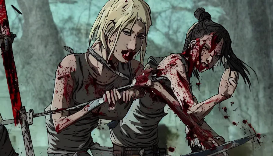 Prompt: full - body action shot of a well - armed female with tattered, blood - soaked clothing, using a sword to fight a horde of the walking dead, in the style of a highly - detailed anime characters