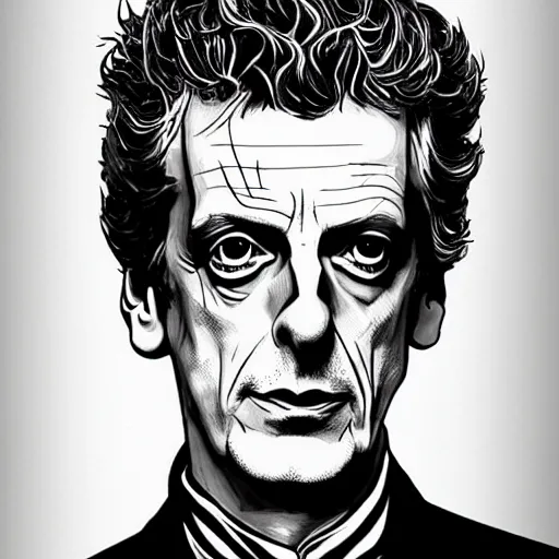 Prompt: Peter Capaldi with the intend to kill, artstation, concept art, sharp focus, illustration in pen an ink, extremely detailed, extremely complex, black and white, art by Masashi Tanaka