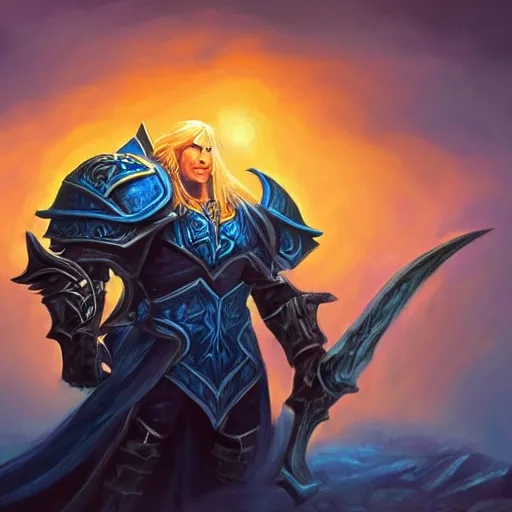Image similar to painting of arthas from world of warcraft!!!!!, watching a purple and orange sunset!!, from the black mage cemetery!!!, in the style of justin gerard!!!!