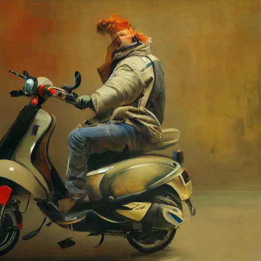 Prompt: portrait of the chilean redhead vespa fan in hong kong, oil on canvas by ruan jia and yoshitaka amano