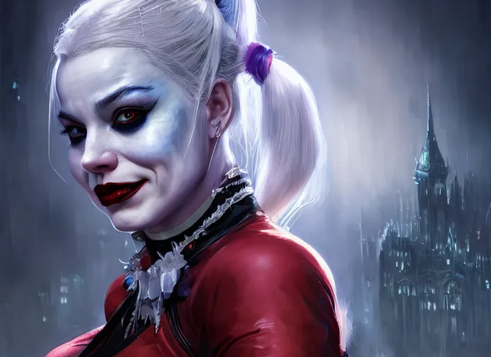 Image similar to highly detailed portrait of a beautiful harley quinn, in batman : arkham asylum, stephen bliss, 8 k, unreal engine, fantasy art by greg rutkowski, loish, rhads, ferdinand knab, makoto shinkai and lois van baarle, ilya kuvshinov, rossdraws, tom bagshaw, global illumination, radiant light, detailed and intricate environment