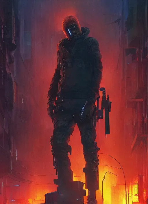 Prompt: Bob Parr. Cyberpunk assassin in tactical gear. blade runner 2049 concept painting. Epic painting by Craig Mullins and Alphonso Mucha. ArtstationHQ. painting with Vivid color. (rb6s, Cyberpunk 2077, matrix)