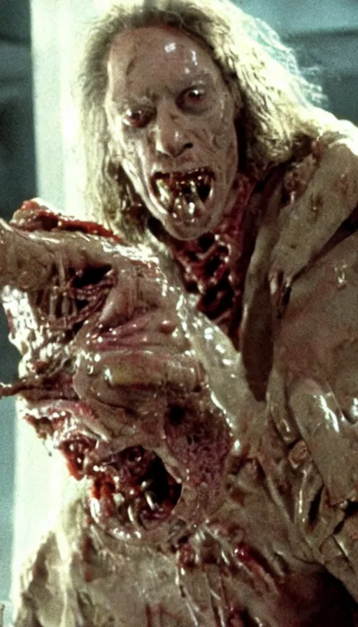 Image similar to a disgusting vile monster eating a man from The Thing, The Fly by Cronenberg and greg nicotero