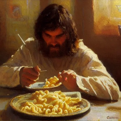 Image similar to Jesus eating mac n’ cheese, painting by Gaston Bussiere, Craig Mullins