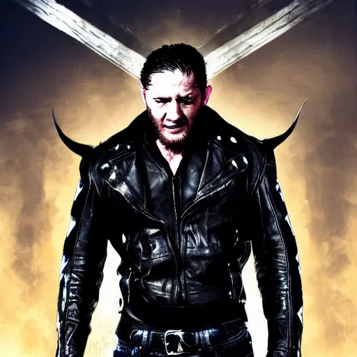 Image similar to Tom Hardy as wolverine in Black Damaged leather suit Digital art 4K quality