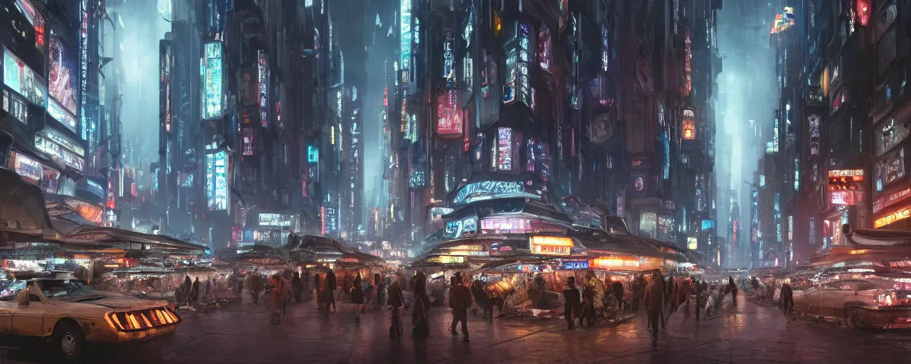 Prompt: street level view of a futuristic bladerunner market and trading post at the center of a large advanced metropolis busy with activity lots of market signs aliens and people with a floating cars on the streets by craig mullins, neil blevins, dylan cole, james paick, hyper realistic, night, environment fog, cinematic lighting, 8 k, vray render, artstation, deviantart,