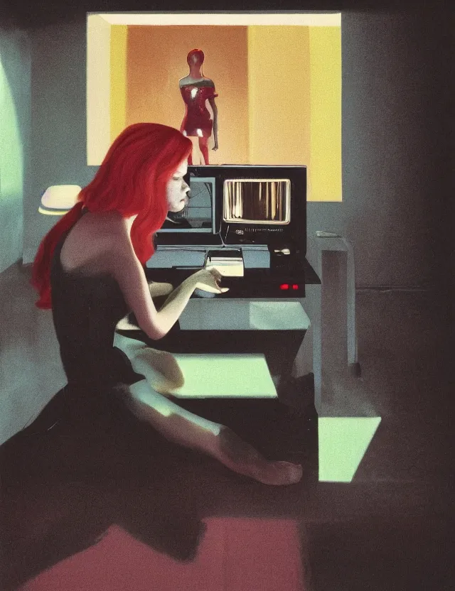 Image similar to woman playing computer games n dark room, redshift, wide shot, coloured polaroid photograph, pastel, kodak film, hyper real, stunning moody cinematography, by maripol, fallen angels by wong kar - wai, style of suspiria and neon demon, david hockney, detailed, oil on canvas