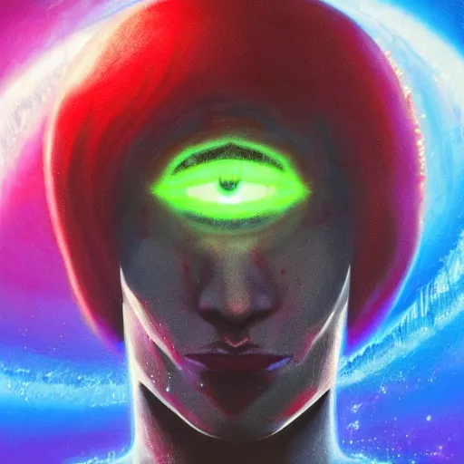 Image similar to portrait of a skinny dark haired young man with a scar across his left eye wearing a red suit as an epic idea, high detail, concept art, neon color, vivid color, floating particles, glowing green eyes, spiral smoke, background by john harris + roger dean, artwork by charlie bowater + artgerm + anato finnstark