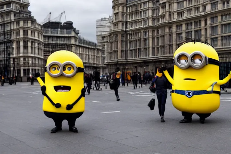 Prompt: gigantic huge minion walking through london