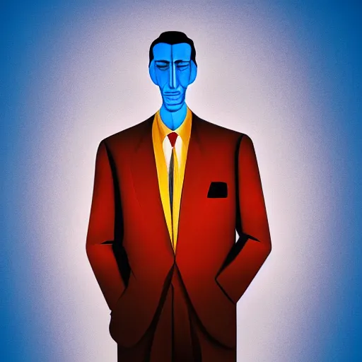 Image similar to ultra realistic portrait ofa man in suit in a studio, ultra detailed, under blue, red and yellow cinematic lighting, salvador dali, cartoon, monument valley, escher