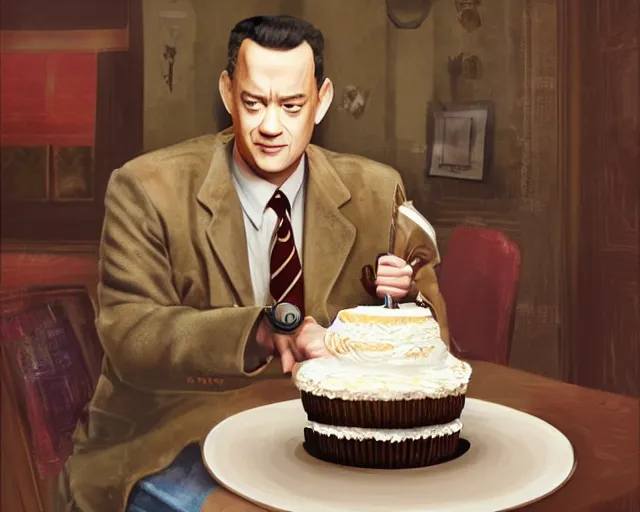 Prompt: tom hanks as forrest gump eating a cake in hogwarts, digital art, highly detailed, artstation, award winning, in the style of Irina French