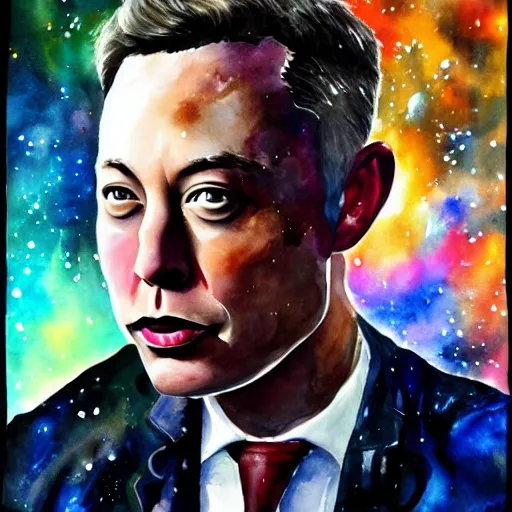 Prompt: alien extraterrestrial elon musk in space. watercolor. dramatic. amazing painting. formal. beautiful. high resolution. highly realistic. close - up. trending on artstation