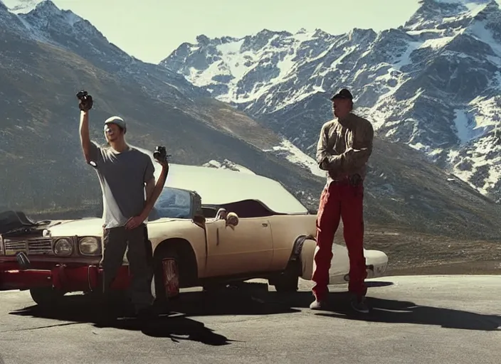 Prompt: a very high resolution image from a new movie, eminem shooting a car. mountains, directed by wes anderson