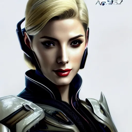 Image similar to A combination of Ada Wong's and Grace Kelly's and Ashley Greene's appearances with blonde hair wearing Warframe armor, high tech, action shot, angular, full body portrait, futuristic, dramatic, fantasy, intricate, elegant, highly detailed, artstation, matte, sharp focus, 8K, art by Donato Giancola and James Gurney