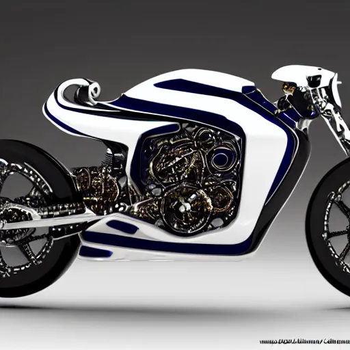 Image similar to a white and gold motorcycle on a white background, a computer rendering by hendrick cornelisz vroom, trending on cgsociety, kinetic art, steampunk, made of liquid metal, biomorphic