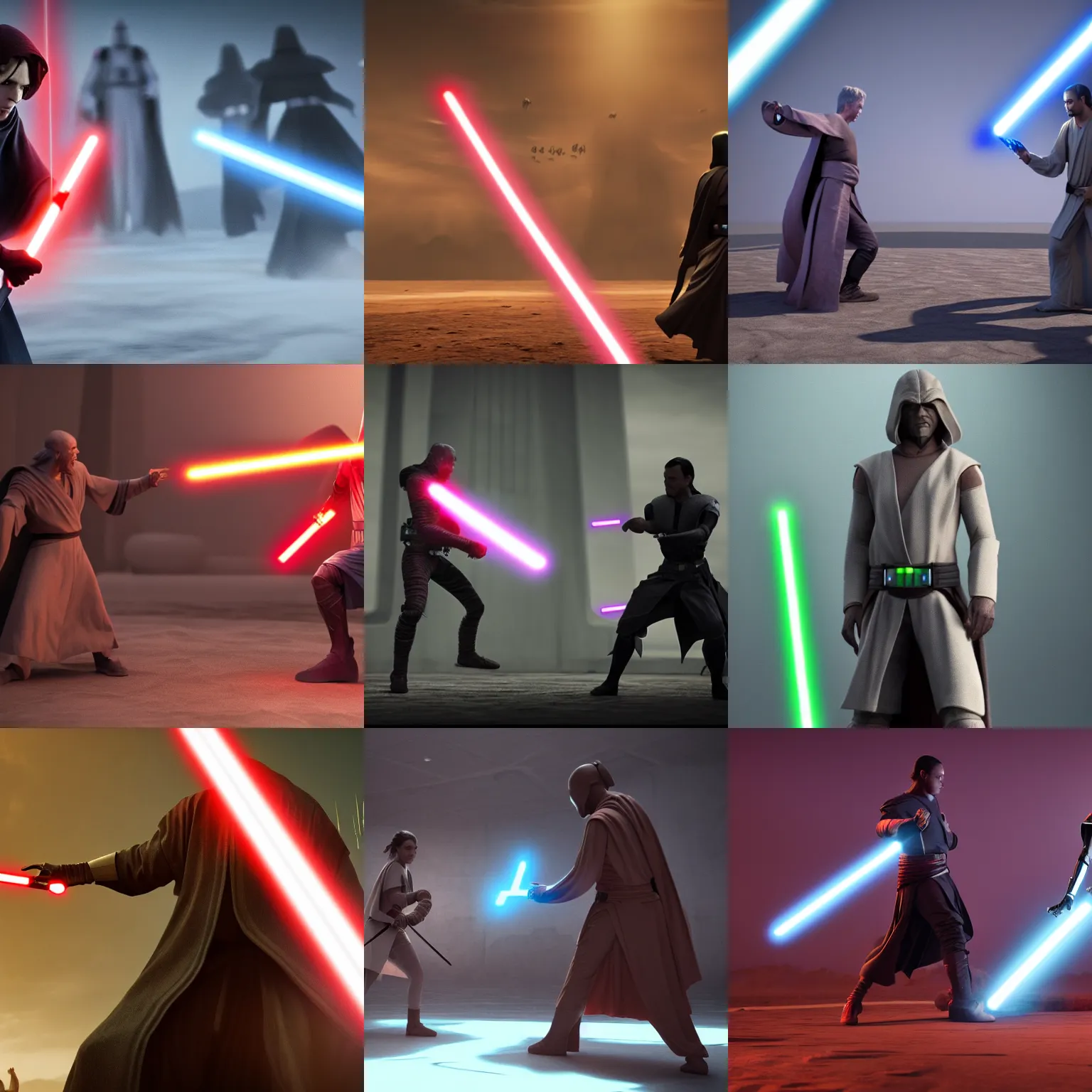 Prompt: Jedi vs Sith, epic lighting, 8k, octane render, photorealistic —aspect 5:7