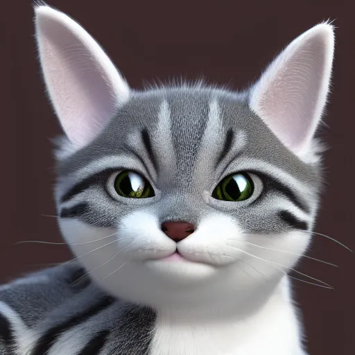 Prompt: a portrait of a cute gray and white striped cat in Copenhagen, trending on cg society, 3d zbrush render with fur, Pixar octane render, rim lighting, painting by Norman Rockwell