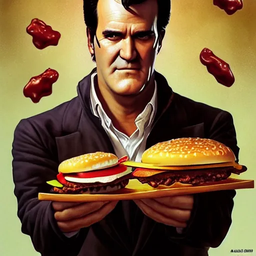 Prompt: portrait of bruce campbell eating hamburgers, extra onions and ketchup, luscious patty with sesame seeds, ethereal, handsome, d & d, fantasy, intricate, elegant, highly detailed, digital painting, artstation, concept art, matte, sharp focus, illustration, art by artgerm and greg rutkowski and alphonse mucha