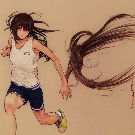 Prompt: a girl is running, sport clothing, anime style, long hair, hair down, symmetrical facial features, yowamushi pedal show, hyper realistic, highly detailed, rule of thirds, extreme detail, detailed drawing, trending artstation, realistic lighting, by alphonse mucha, greg rutkowski, sharp focus, backlit, real faces, realistic anatomy