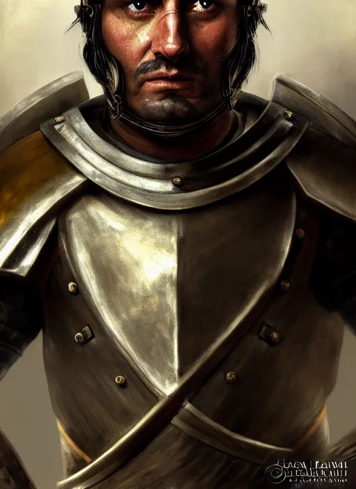 Prompt: roman general, handsome black - haired noble, ancient soldier, close - up portrait of roman warrior in lorica segmentata, character portrait, masterfully shaded, rome total war, deep focus, amber eyes, insane color, artstation, perfect dramatic lighting, 8 k, movie cover art, sharp focus, anatomically correct, historical reconstruction, by frank frazetta