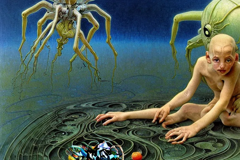 Image similar to realistic extremely detailed portrait closeup painting of a ghost kid playing with giant spider, futuristic sci-fi landscape on background by Jean Delville, Amano, Yves Tanguy, Alphonse Mucha, Ernst Haeckel, Edward Robert Hughes, Roger Dean, rich moody colours, blue eyes