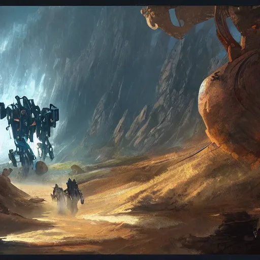 Prompt: pacing mecha through valley, artstation, matte painting, masterpiece