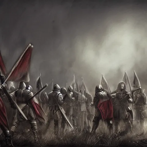 Image similar to realistic, 5 medieval soldiers, in line, pikes, hellbards, banner, flag, mist, picture from behind, epic, digital art, illustration, fantasy, realistic sketch, dark