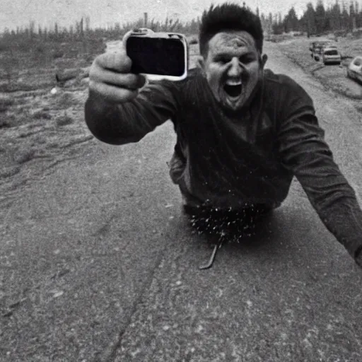 Prompt: last selfie of last alive of frightened funny ukrainian is trying to escape, badly injured from radiation from a huge nuclear explosion, a nuclear missile flies right at him