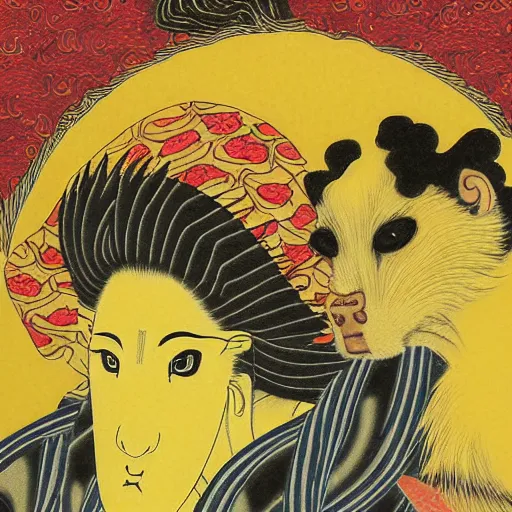 Prompt: A beautiful computer art of a creature that is neither man, nor beast. Ukiyo-e, pastel yellow by Karen Wallis fine