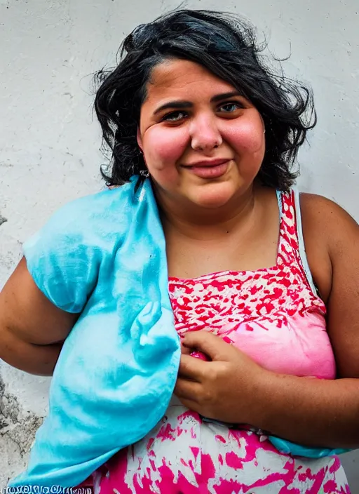 Image similar to close up portrait of a beautiful, chubby, 30-year-old woman from Cuba, happy, candid street portrait in the style of Martin Schoeller, award winning, Sony a7R