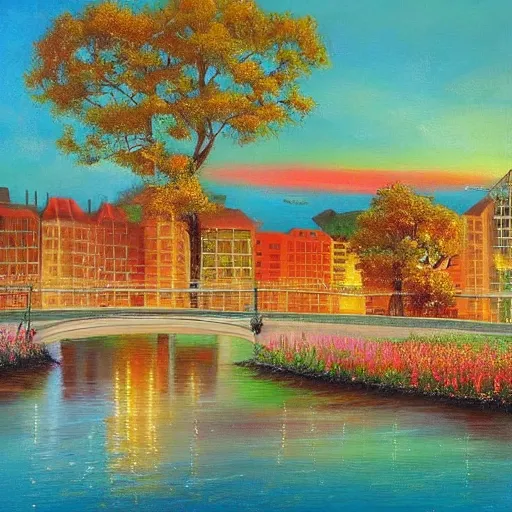 Image similar to Beautiful city of the future in harmony with nature. Nice colour scheme, soft warm colour. Beautiful painting by Lurid. (2022)