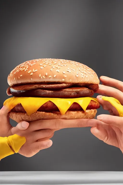 Image similar to mcdonalds hamburger smashed by a giant fist, commercial photography