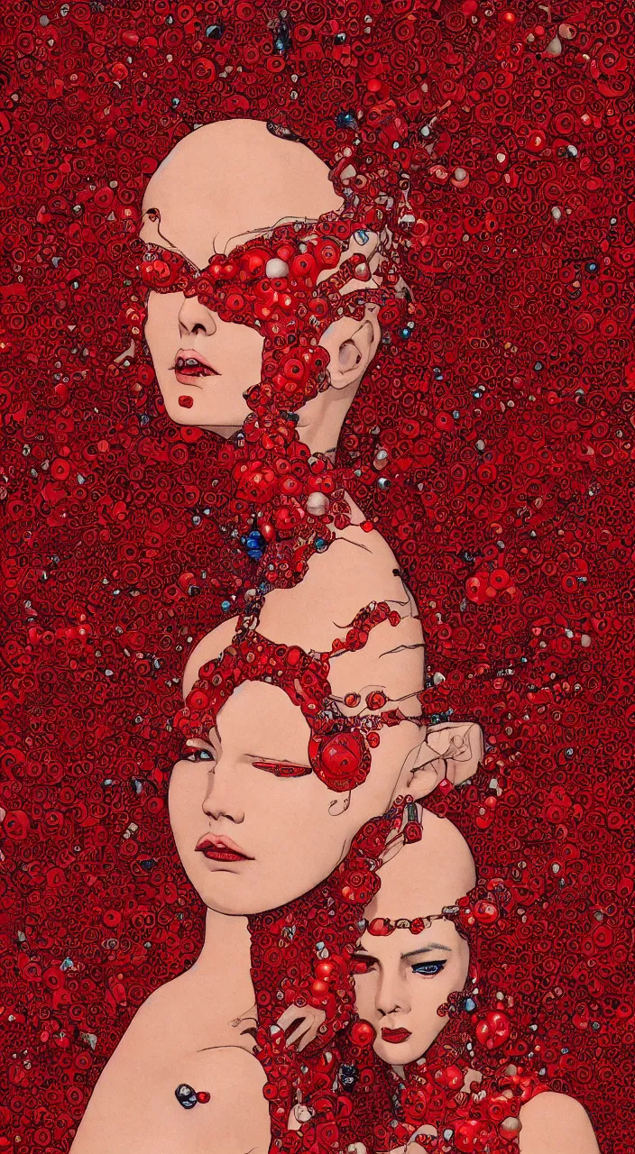 Image similar to woman character wearing a red bodysuit, acid hallucinations floating around their head, by moebius, alexander mcqueen headdress with beads, by kawase hasu