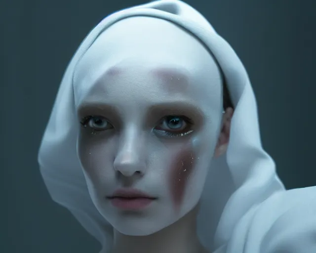 Image similar to a film still of a synthetic female human wrapped in white cloth, beautiful, tribal facepaint, in neotokyo, cinematic lighting, high resolution, 4 k