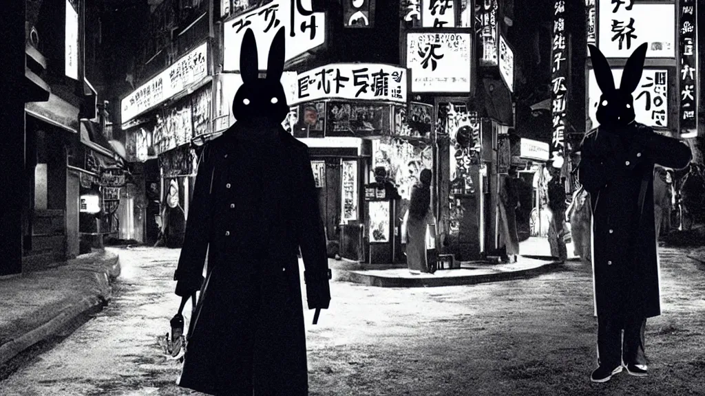 Image similar to a man in a trench coat wearing a black rabbit mask in front of a night club, film still from the an anime directed by Katsuhiro Otomo with art direction by Salvador Dalí, wide lens