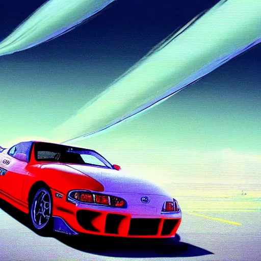 Prompt: toyota supra flying through the skies leaving a vapor trail, children's drawing, insanely detailed