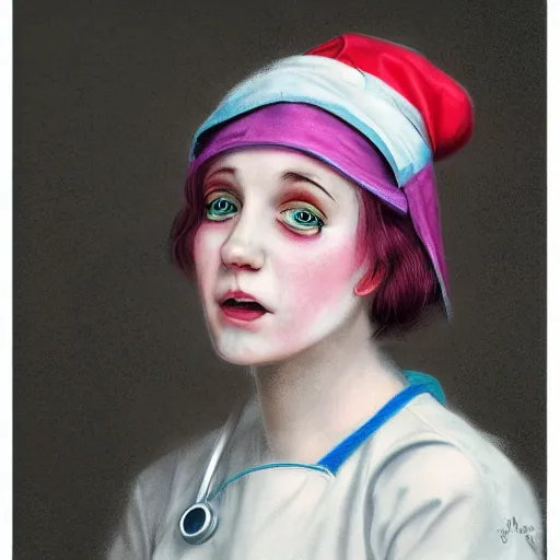 Prompt: clowncore pastel punk young hospital nurse wearing stylish head - wear. detailed, portrait, 8 k, artwork by jean - baptiste monge