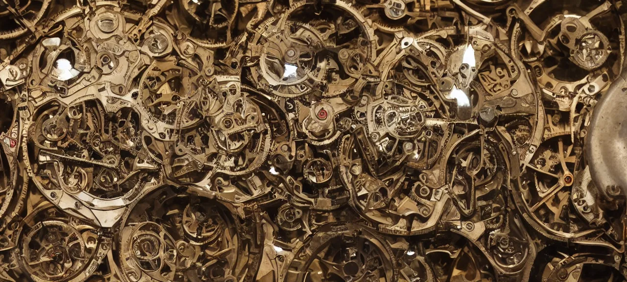 Image similar to A wide view into a Middle Ages Exhibition full of thousands of different detail old mechanical watches mechanisms, huge room of a old museum