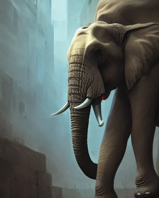 Image similar to elephant cyborg painted by escher volumetric lighting, back lighting, rimlight, dramatic lighting, digital painting, highly detailed, artstation, sharp focus, illustration, Artgerm, Jean-Léon Gérôme , ruan jia