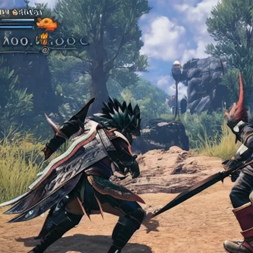 Prompt: monster hunter world gameplay in the style of shindol