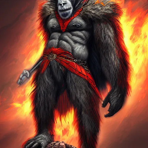 Prompt: fury art, an anthro ape wearing a large cape and a fantasy armor, fiery background, 3 d, 8 k, extremely detailed, trending on furaffinity, trending on artstation, award winning, sharp focus, illustration