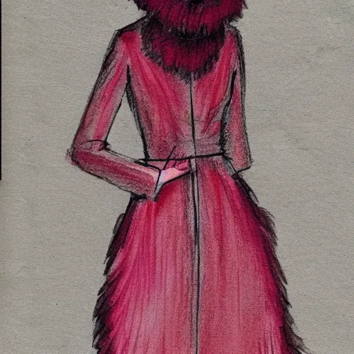 Image similar to a light feminine dress made of feathers and burgundy fur, fashion sketch