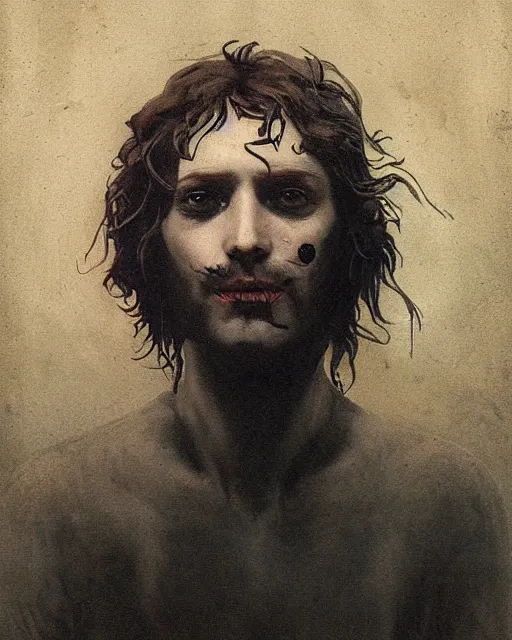Image similar to a handsome but sinister and creepy man in layers of fear, with haunted eyes, violence in his eyes, tangled hair, 1 9 7 0 s, seventies, delicate embellishments, a little blood, woodland, moonlight shining on wildflowers, painterly, offset printing technique, by alexandre cabanel