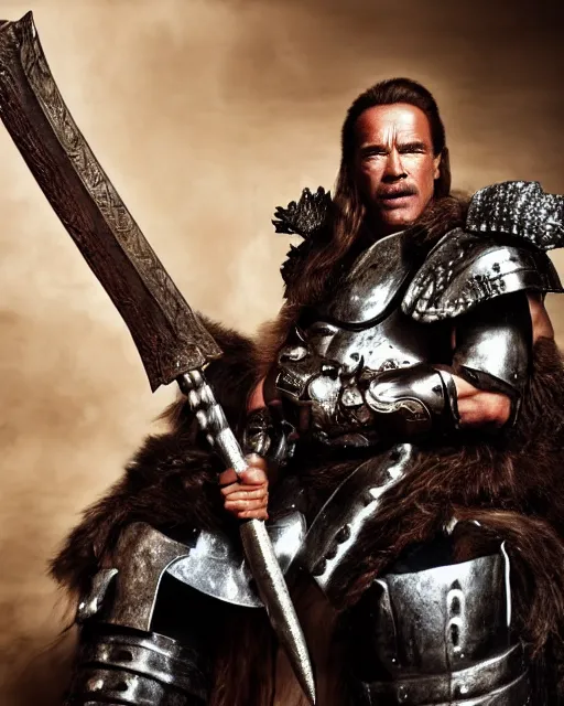 Image similar to arnold schwarzenegger as king conan, directed by john millius, photorealistic, sitting on a metal throne, wearing ancient cimmerian armor, a battle axe to his side, he has a beard and graying hair, he has a happy corgi dog on his lap, cinematic photoshoot in the style of annie leibovitz, studio lighting