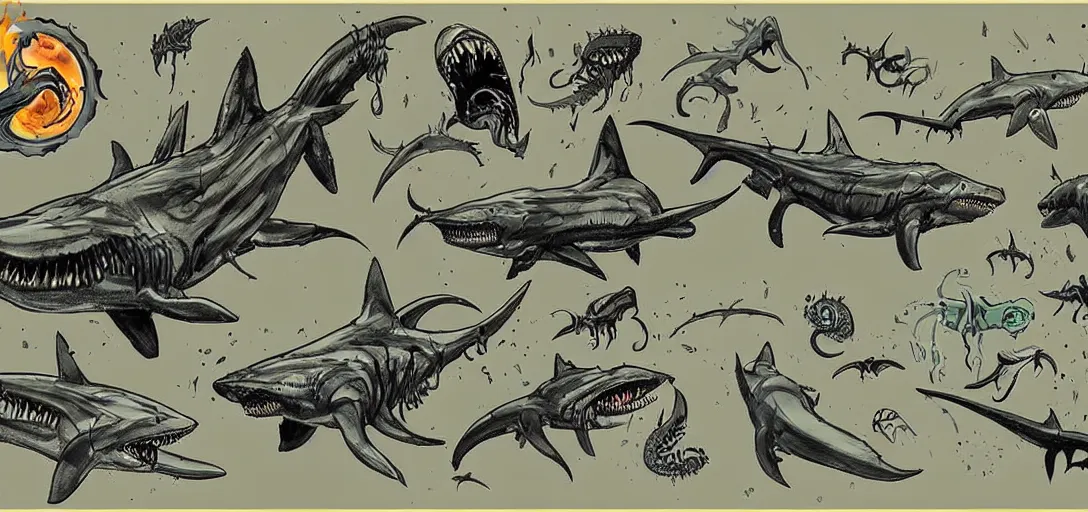 Image similar to concept art of shark attack, lovecraftian, lots of teeth, melting horror, fighting the horrors of the unknown with laser guns