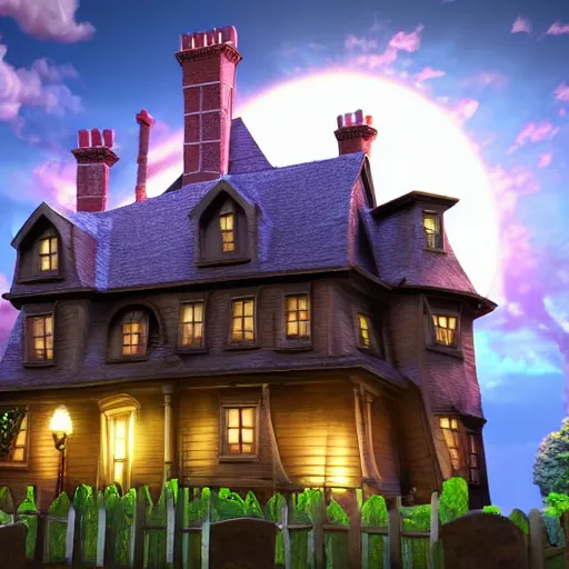 Image similar to disney movie old haunted house, slime oozing out of the windows, cartoon pixar style, anime volumetric lighting, 3d model pixar render