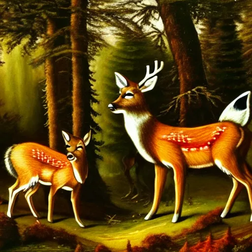 Image similar to a deer king wearing a crown in a forest clearing. a fox, bear and wolf are bowing before the deer. oil painting.